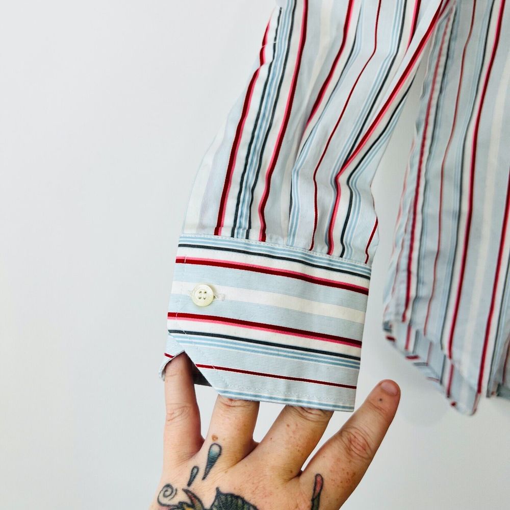 Etro Shirt M UK Blue Red Striped Cotton Tailored Long Sleeve Logo Classic - Picture 7 of 12